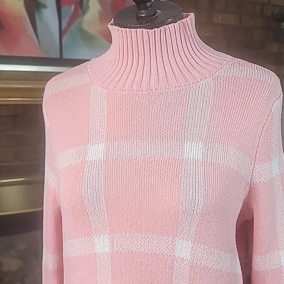 Pink and white mock neck sweater ribbed flare sleeves no tags see measurements - Picture 2 of 14